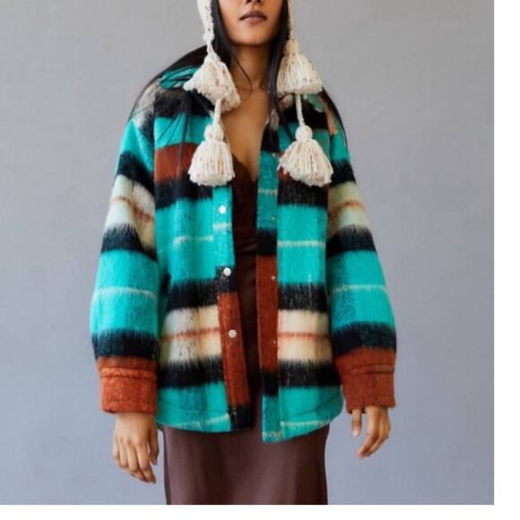 BDG Women's Brushed Fuzzy Wool Blend Oversized Teal Plaid Jacket Size Small - Picture 1 of 14